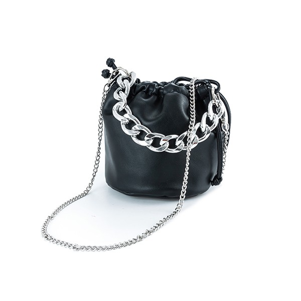 LEATHER BUCKET BAG W/ CHAIN STRAPS