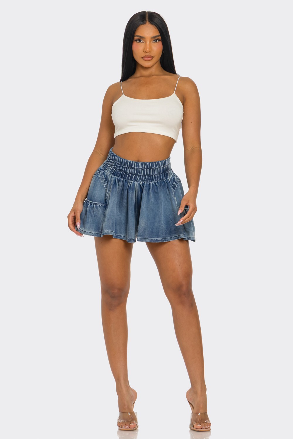 Denim Flounce Mini Shorts